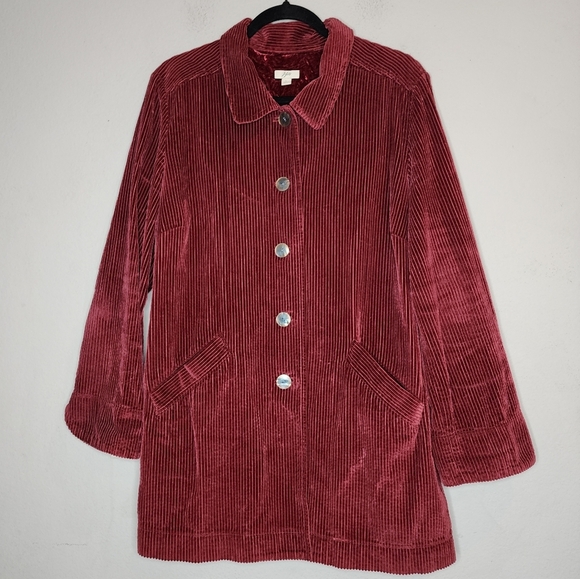 J. Jill Corduroy Red Wine Maroon Pleat Back Button Front Jacket Size Large - Picture 1 of 16
